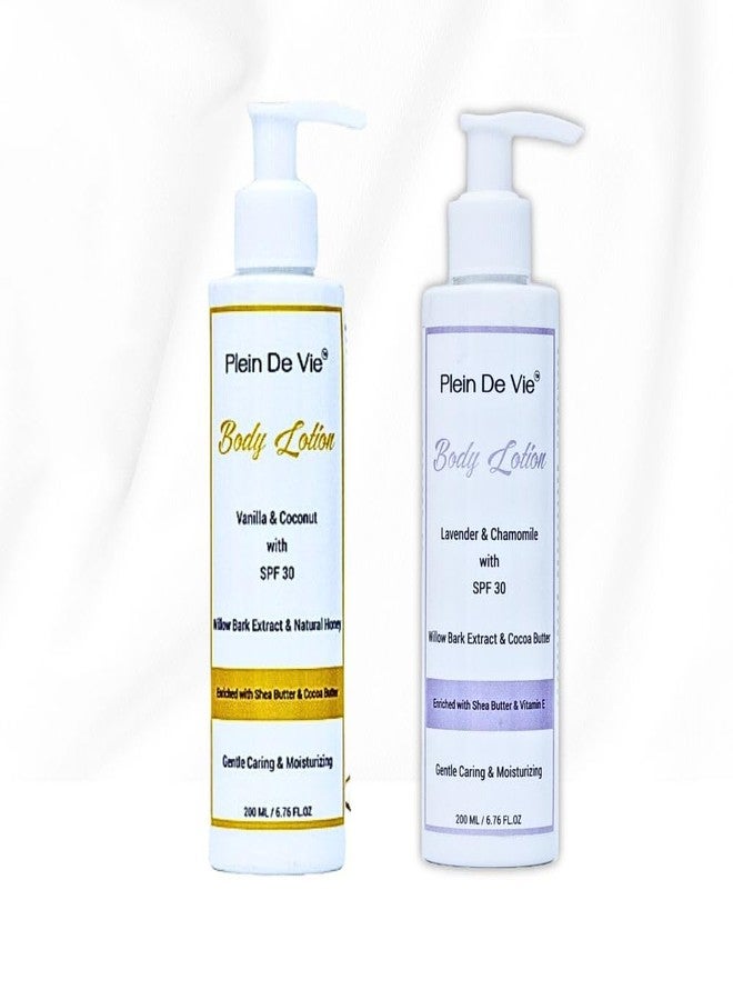 Plein De Vie Body Lotion | Lavender & Chamomile | Vanilla & Coconut | Shea Butter | Cocoa Butter | Vitamin E | Moisturiser for Winters | For Men and Women | Moisturizer with SPF 30-2 x 200 ml - Image 1
