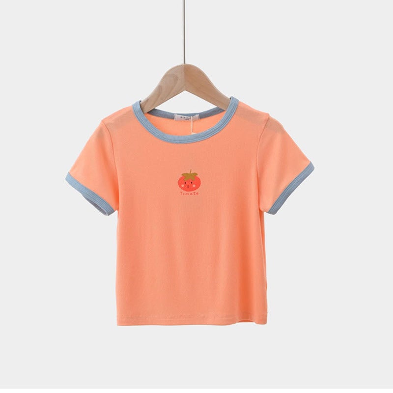 Light And Soft T-Shirt Children'S Cartoon Fruit Short-Sleeved Shirt Girls' Contrast Color Bottoming Shirt Summer Children'S Clothing - Image 1