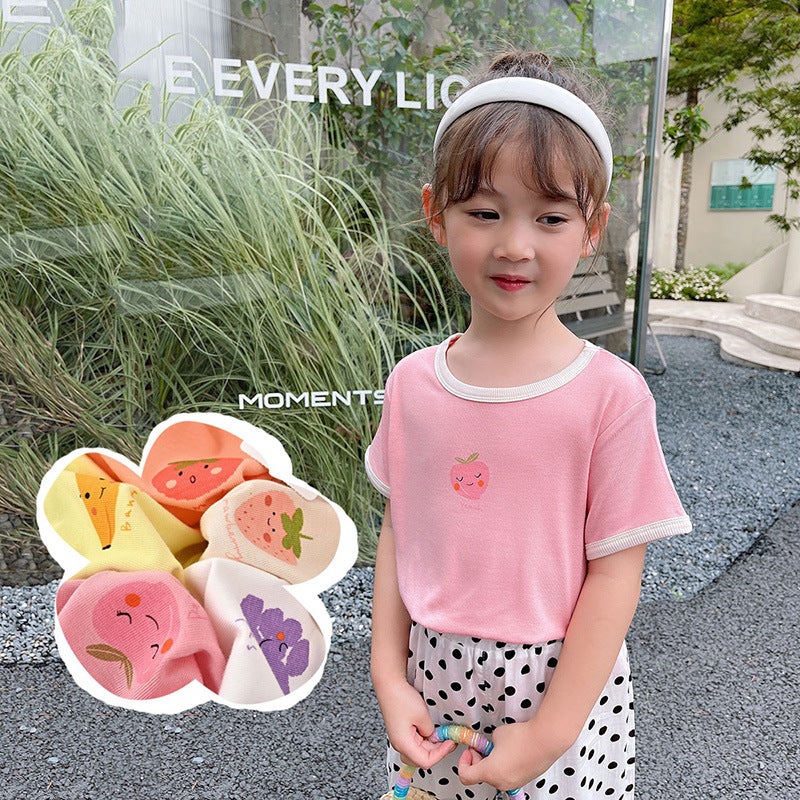 Light And Soft T-Shirt Children'S Cartoon Fruit Short-Sleeved Shirt Girls' Contrast Color Bottoming Shirt Summer Children'S Clothing - Image 2