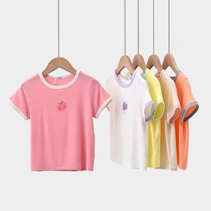 Light And Soft T-Shirt Children'S Cartoon Fruit Short-Sleeved Shirt Girls' Contrast Color Bottoming Shirt Summer Children'S Clothing - Image 4