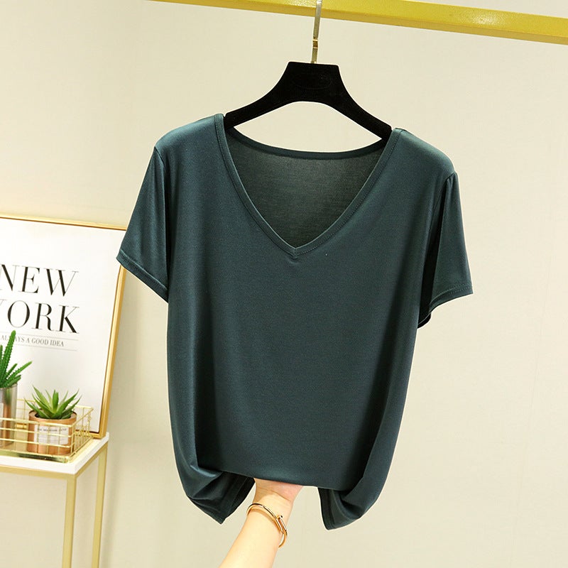 Modal Short-Sleeved T-Shirt Women'S Summer Plus Size Loose V-Neck Base Shirt Outer Wear Thin Inner Casual All-Match Top - Image 1