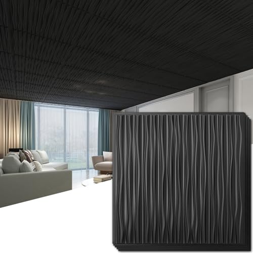 Art3dwallpanels Ceiling Tiles 24 x 24 for Interior Wall Décor, 12 Pack Drop Ceiling Tile 3D Wall Panel Fire Rated Waterproof Premium PVC, No Sag and Breakage Wall Panels Cover 48.Sq.Ft. Black - Image 1