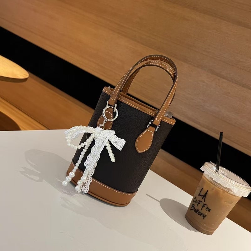 Underarm Fashion Contrasting Color Cowhide Bag For Women Korean Ins Trend Bucket Bag Simple And Versatile Shoulder Bag - Image 1