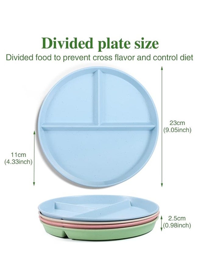 Wheat Straw Meal Plate, 4Pcs Divided Dinner Plates, 9 inch Unbreakable Portion Control Divided Diet Plates, Reusable Picnic Plates Microwave and Dishwasher Safe Dishes for Adult Kids - Image 2