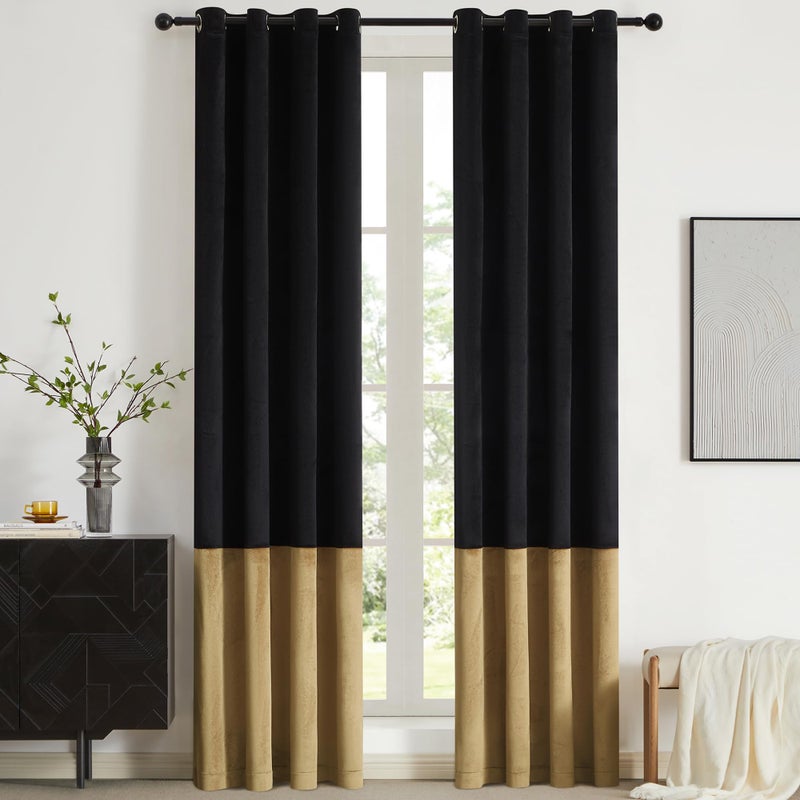 BULBUL Black Gold Color Block Window Curtains Panels 108 inches Long Velvet Farmhouse Drapes for Bedroom Living Room Darkening Treatment with Grommet Set of Black Gold