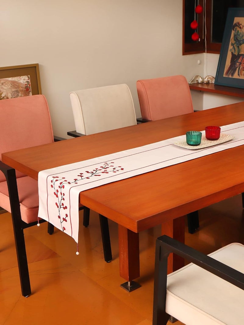 Zeba World 4 Seater / 6 Seater Table Runner Cloth, Table Runner for Living Room, Dining Table | Cotton Blend Floral Embroidered with Tassels - Off White | 30 cms x 210 cms; 12 inches x 84 inches - Image 1