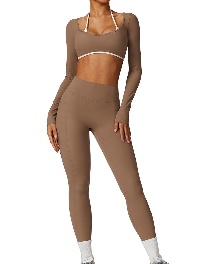 AGYMNX Workout Sets for Women 2 Piece Outfits Seamless High Waist Leggings Yoga Long Sleeve Crop Tops Athletic Gym Sets Brown L - Image 2