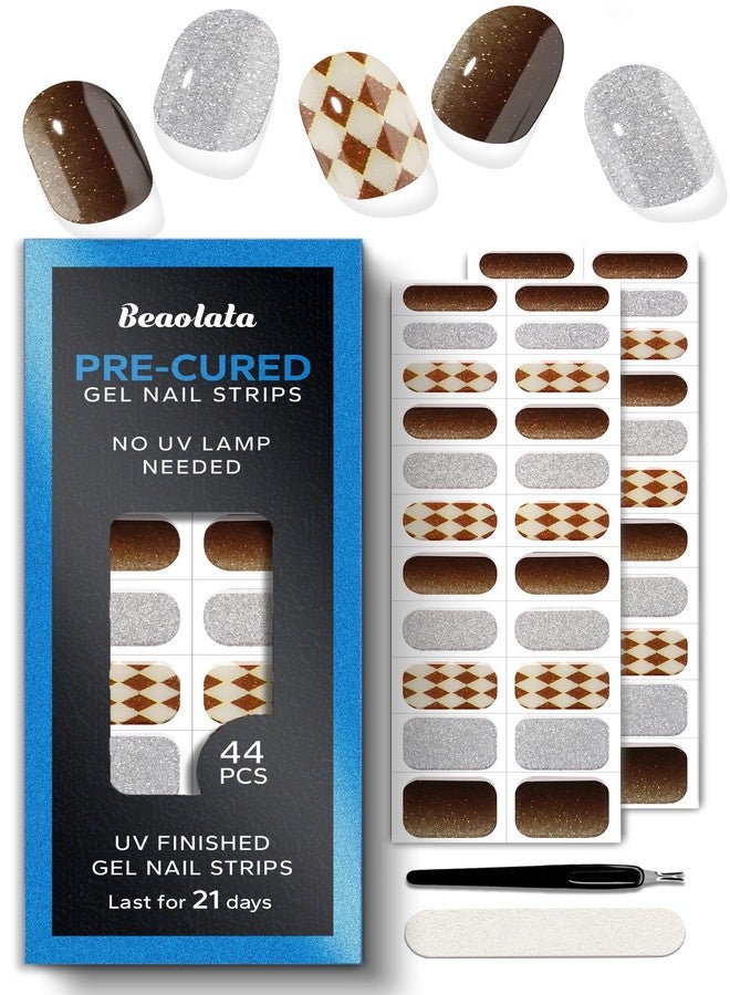 Beaolata Real Gel Nail Strips (No UV Light Needed) - 44Pcs Salon Quality Nail Stickers - Long Lasting Polish Wraps for Women, Easy Apply & Remove (Brown Check) - Image 1