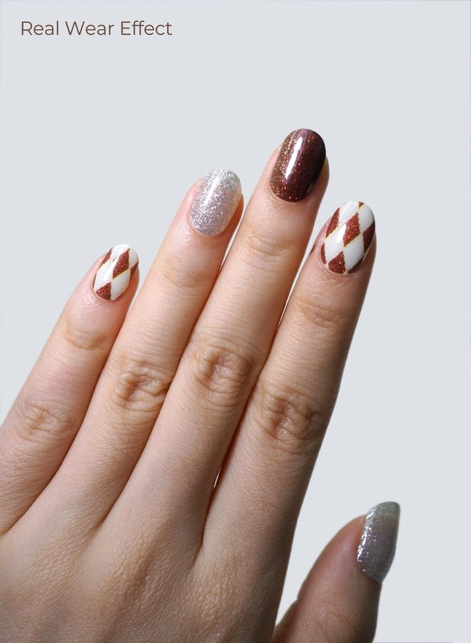 Beaolata Real Gel Nail Strips (No UV Light Needed) - 44Pcs Salon Quality Nail Stickers - Long Lasting Polish Wraps for Women, Easy Apply & Remove (Brown Check) - Image 3