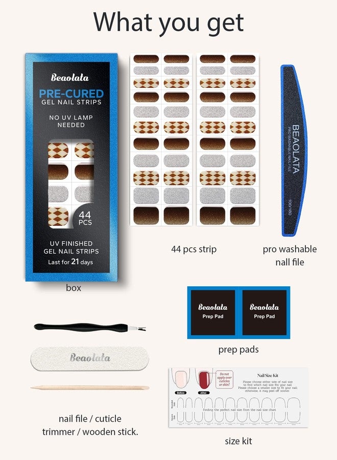 Beaolata Real Gel Nail Strips (No UV Light Needed) - 44Pcs Salon Quality Nail Stickers - Long Lasting Polish Wraps for Women, Easy Apply & Remove (Brown Check) - Image 5