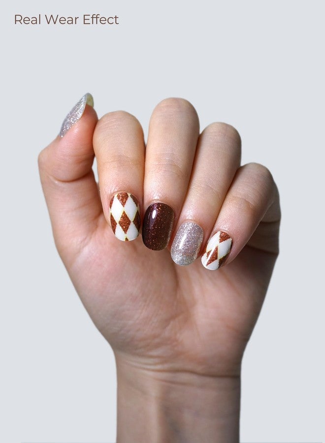 Beaolata Real Gel Nail Strips (No UV Light Needed) - 44Pcs Salon Quality Nail Stickers - Long Lasting Polish Wraps for Women, Easy Apply & Remove (Brown Check) - Image 2
