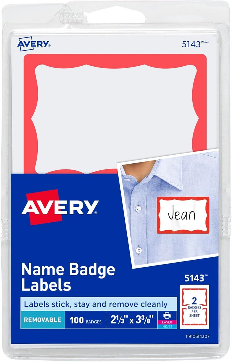 AVERY Name Badge Labels, Red Border, 2-1/3" x 3-3/8", 100 Badges (5143) - Image 1