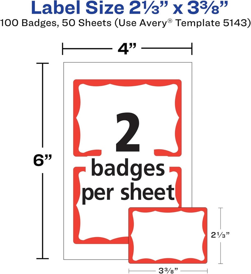 AVERY Name Badge Labels, Red Border, 2-1/3" x 3-3/8", 100 Badges (5143) - Image 3
