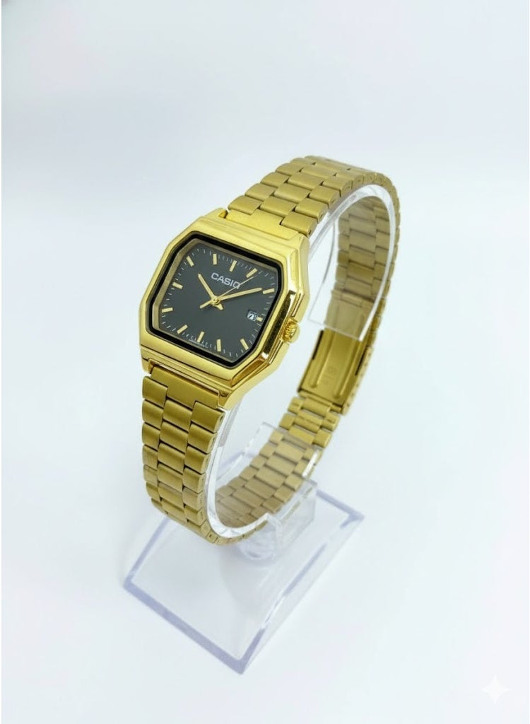 كاسيو ساعة كاسيو الكلاسيكية التناظرية باللون الذهبي للرجال/للجنسين - ميناء أسود، هيكل مثمن الشكل، سوار من الفولاذ المقاوم للصدأ، عرض التاريخ - Image 1