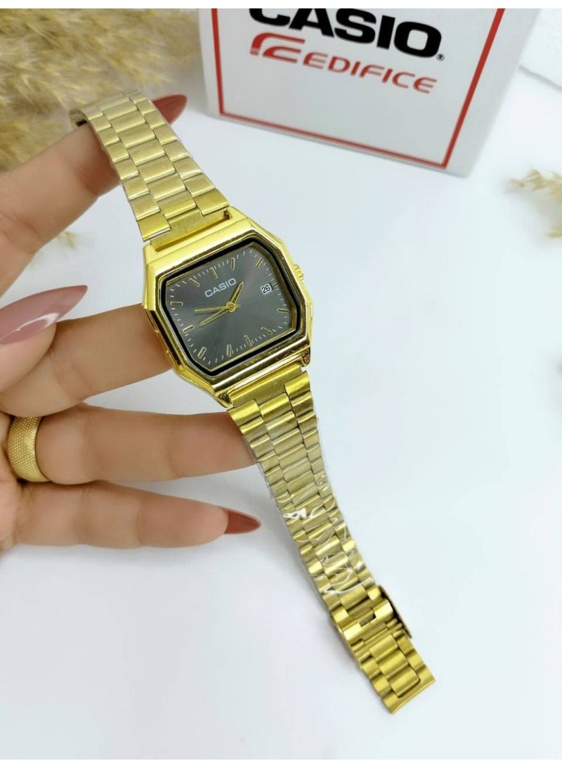 كاسيو ساعة كاسيو الكلاسيكية التناظرية باللون الذهبي للرجال/للجنسين - ميناء أسود، هيكل مثمن الشكل، سوار من الفولاذ المقاوم للصدأ، عرض التاريخ - Image 2