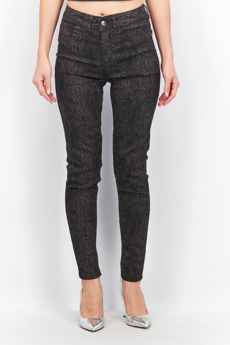 DeFacto Women Super Skinny Fit Snake Print Stretchable Denim Jeans, Black - Image 1