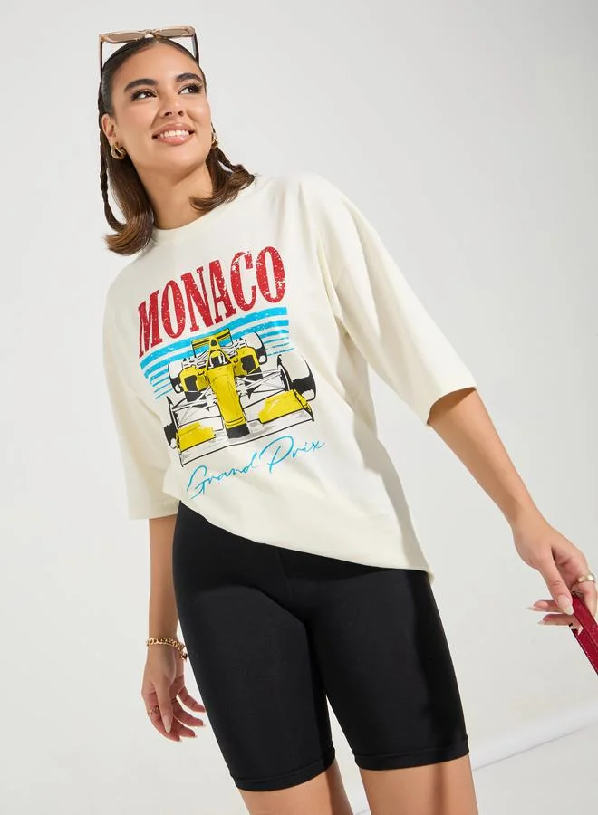 Styli Oversized Monaco Distressed Graphic T-Shirt with Dropped Shoulder