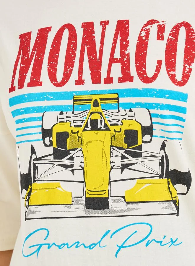 Styli Oversized Monaco Distressed Graphic T-Shirt with Dropped Shoulder