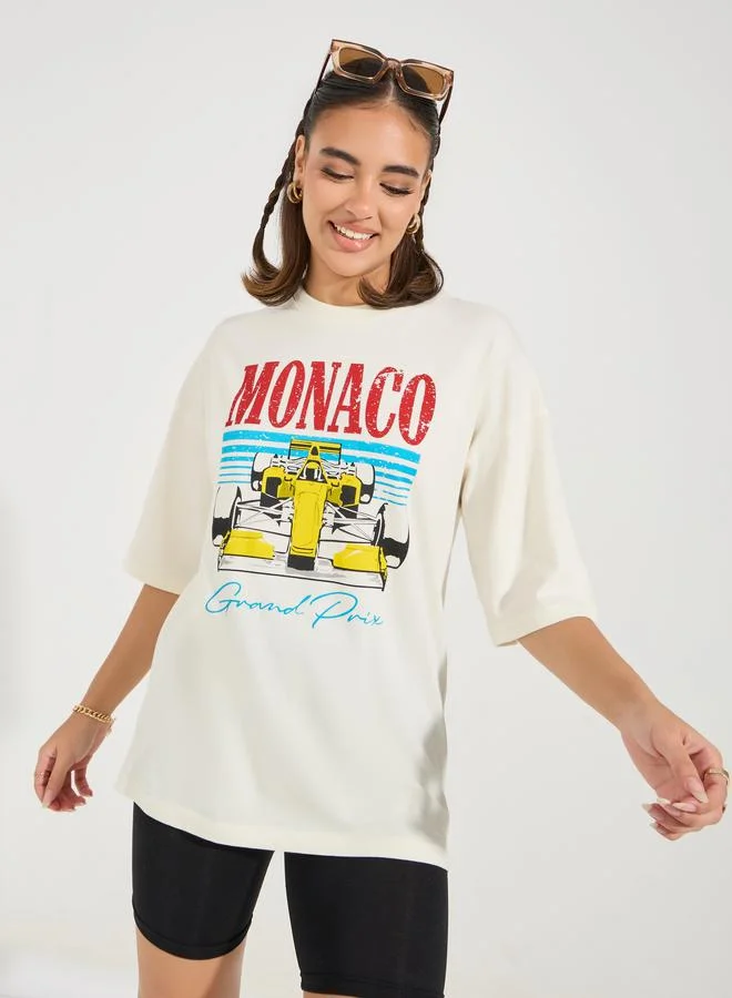 Styli Oversized Monaco Distressed Graphic T-Shirt with Dropped Shoulder