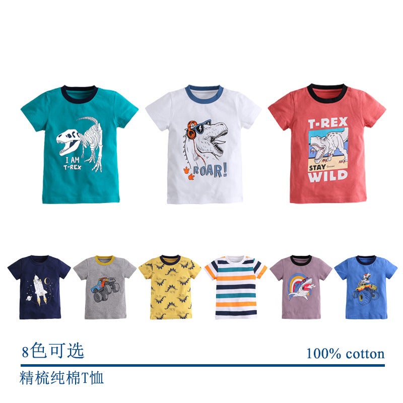 Boys T-Shirt Export European and American Pure Cotton Cartoon Dinosaur Round Neck Cotton Kidsren's Short-Sleeved Tops Kidsren's Clothing Factory Direct Sales - Image 2