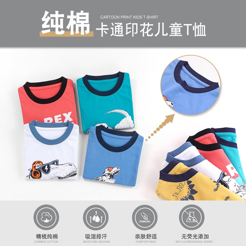 Boys T-Shirt Export European and American Pure Cotton Cartoon Dinosaur Round Neck Cotton Kidsren's Short-Sleeved Tops Kidsren's Clothing Factory Direct Sales - Image 5