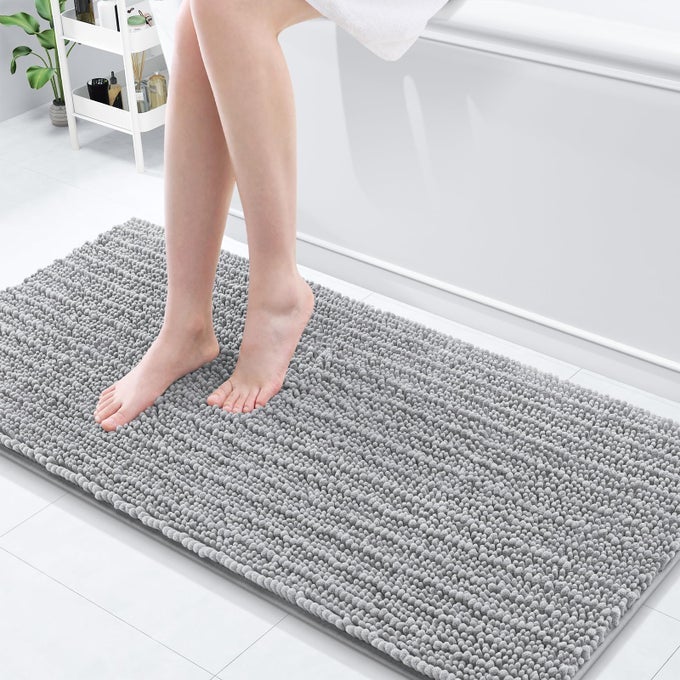 LUXURY CHENILLE BATHROOM RUG MAT EXTRA SOFT THICK ABSORBENT SHAGGY BATH RUGS NONSLIP MACHINE WASH DRY PLUSH BATH MATS FOR BATHROOM SHOWER AND TUB 60X20 LIGHT GREY