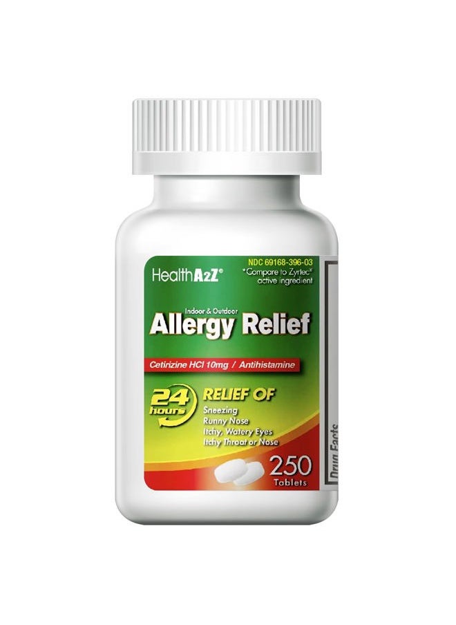 HealthA2Z ® Allergy Relief | Cetirizine 10mg | All Day Allergy Relief | Indoor & Outdoor | Relief from Itchy Throat, Sneezing, Runny Noses (250 Count (Pack of 1))  - Image 1