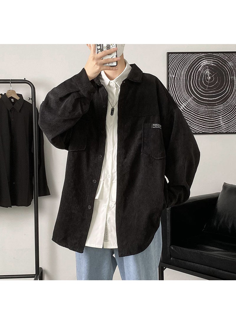 Generic - Hong Kong Style Corduroy Long Sleeve Shirt For Men New Spring Autumn Loose Fit Japanese Style Casual Top Jacket Trendy Brand Black - Image 1