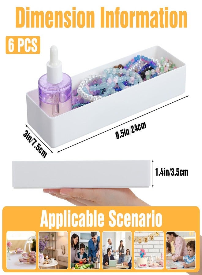 Caeuiciw 6 Packs White Plastic Drawer Organizer White Tabletop Organizer Tray 9.5 x 3 x 1.4 Inches Stackable Storage Tray for Cosmetic Vanity Home Utensils Office Shelf Kitchen - Image 2