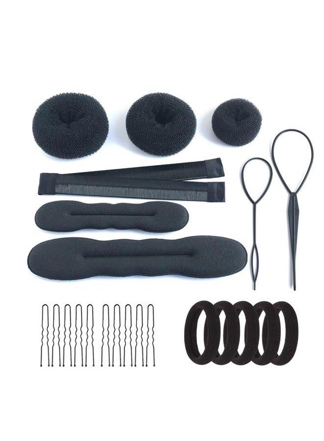 iFlyMars Hair Accessories Set: 3 Donut Bun Makers, 2 Foam Sponge Shapers, 1 French Twist Clip, 2 Snap Buns, 10 Elastics, 20 Pins (Black) - Image 1