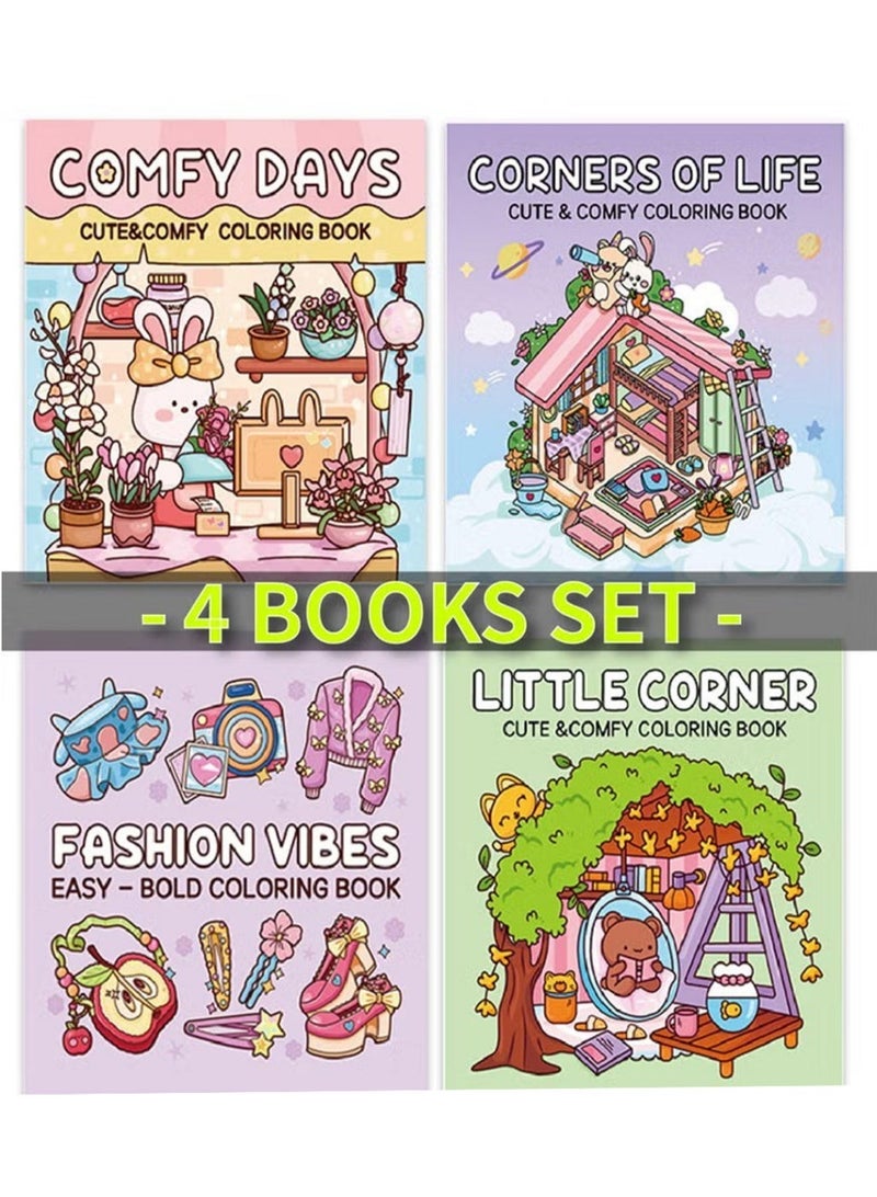 Bincoo Cute & Comfy Coloring Book Set - Comfy Days, Corner of Life, Fashion Vibes, Little Corner - Thick Paper, Single-Page Design, Stress Relief for Adults & Kids - Perfect Creative Gift for Artists & Families (4 Books, 40 Pages Each) - Image 1