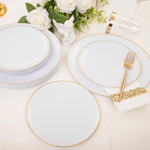 LUODA MirthMood 210Pcs Gold Dinnerware Sets, Gold and White Plastic Party Plates, Includes:30 Dinner Plates, 30 Dessert Plates, 30 Paper Towels with 90 Silverware & 30 9oz Cups - Image 4