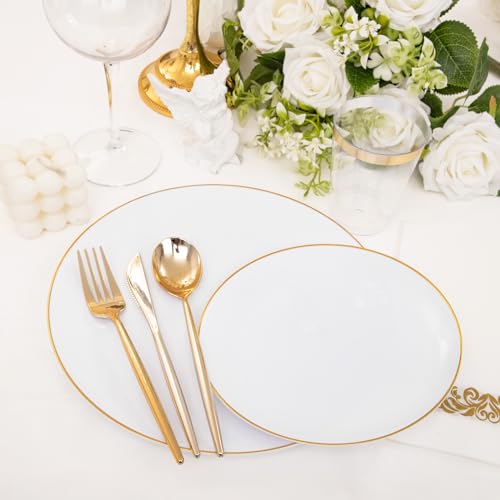 LUODA MirthMood 210Pcs Gold Dinnerware Sets, Gold and White Plastic Party Plates, Includes:30 Dinner Plates, 30 Dessert Plates, 30 Paper Towels with 90 Silverware & 30 9oz Cups - Image 3
