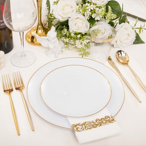 LUODA MirthMood 210Pcs Gold Dinnerware Sets, Gold and White Plastic Party Plates, Includes:30 Dinner Plates, 30 Dessert Plates, 30 Paper Towels with 90 Silverware & 30 9oz Cups - Image 5
