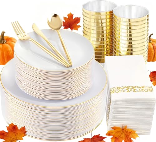 LUODA MirthMood 210Pcs Gold Dinnerware Sets, Gold and White Plastic Party Plates, Includes:30 Dinner Plates, 30 Dessert Plates, 30 Paper Towels with 90 Silverware & 30 9oz Cups - Image 1