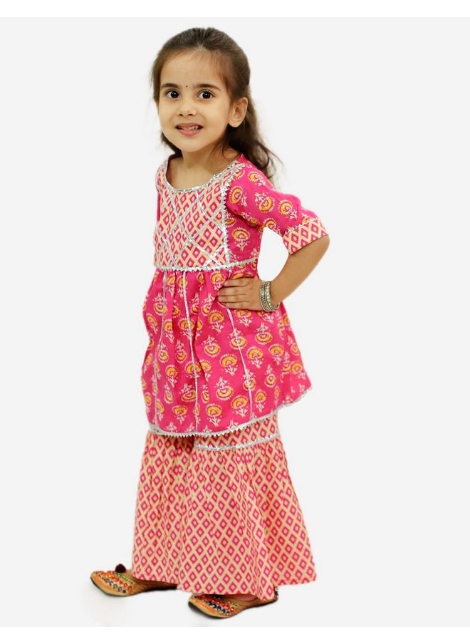 Superminis - superminis Baby Girls Cotton Sanganeri Printed Frock Style Kurti with Printed Sharara Dress (5-6 Years, Light Pink) - Image 1