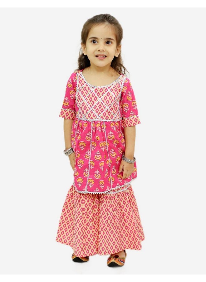 Superminis - superminis Baby Girls Cotton Sanganeri Printed Frock Style Kurti with Printed Sharara Dress (5-6 Years, Light Pink) - Image 1