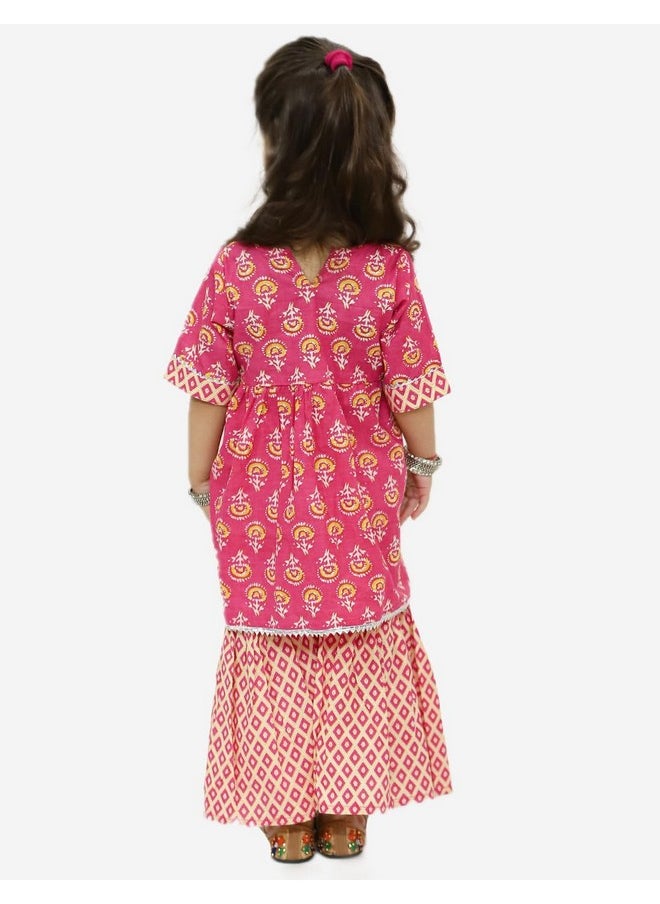 Superminis - superminis Baby Girls Cotton Sanganeri Printed Frock Style Kurti with Printed Sharara Dress (5-6 Years, Light Pink) - Image 1