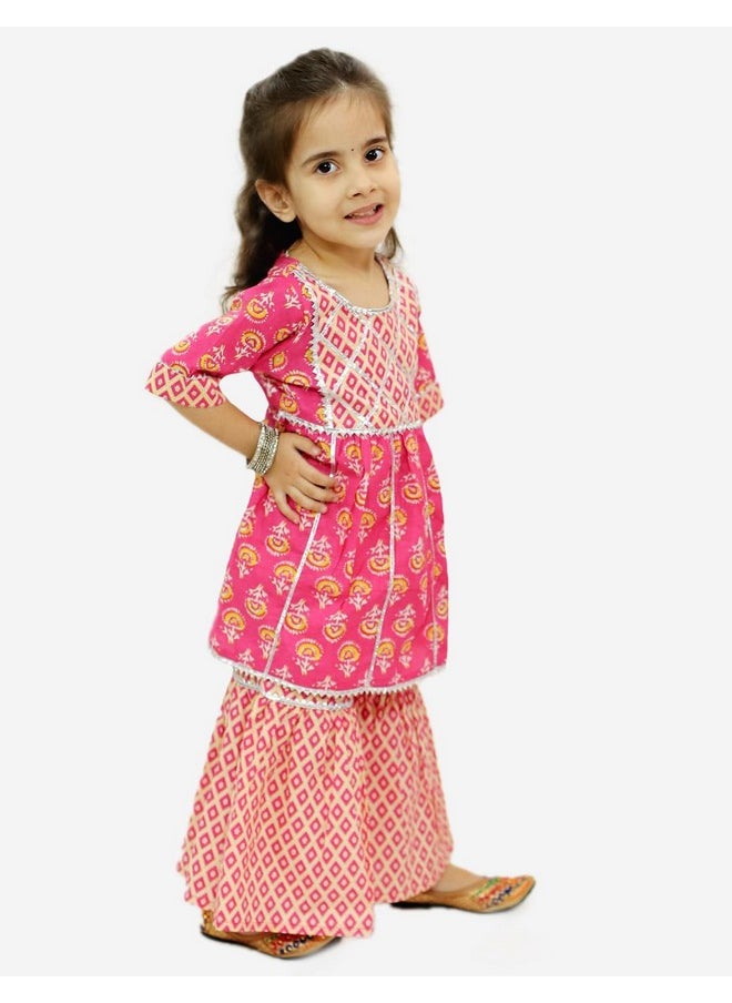Superminis - superminis Baby Girls Cotton Sanganeri Printed Frock Style Kurti with Printed Sharara Dress (5-6 Years, Light Pink) - Image 1