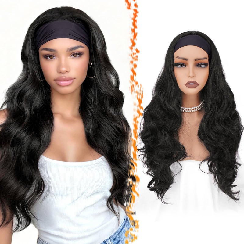 BARSDAR Long Body Wave Black Headband Wig Black Loose Body Wavy Headband Wig for Women 26 Inch Thick Soft Synthetic Wear and Go Glueless Wigs Natural Looking Easy Wear Head Band Wigs - Image 2