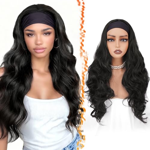 BARSDAR Long Body Wave Black Headband Wig Black Loose Body Wavy Headband Wig for Women 26 Inch Thick Soft Synthetic Wear and Go Glueless Wigs Natural Looking Easy Wear Head Band Wigs - Image 1