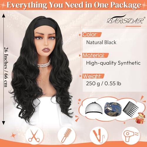 BARSDAR Long Body Wave Black Headband Wig Black Loose Body Wavy Headband Wig for Women 26 Inch Thick Soft Synthetic Wear and Go Glueless Wigs Natural Looking Easy Wear Head Band Wigs - Image 3