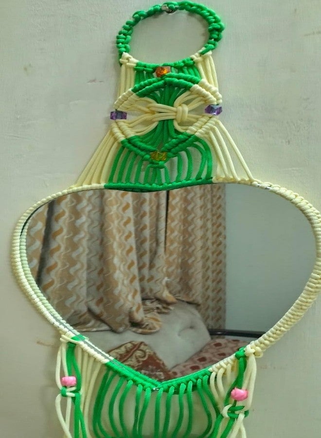 Handcrafted Macrame Wall Hanging with Dual Mirrors, Decorative BasketPocket(Both Options Available), Green and White, for Home Decor. (Green) - Image 1
