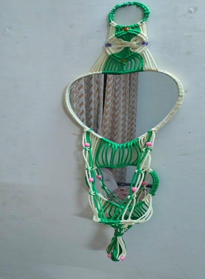Handcrafted Macrame Wall Hanging with Dual Mirrors, Decorative BasketPocket(Both Options Available), Green and White, for Home Decor. (Green) - Image 3