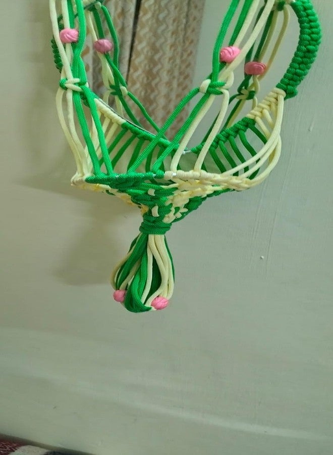 Handcrafted Macrame Wall Hanging with Dual Mirrors, Decorative BasketPocket(Both Options Available), Green and White, for Home Decor. (Green) - Image 2