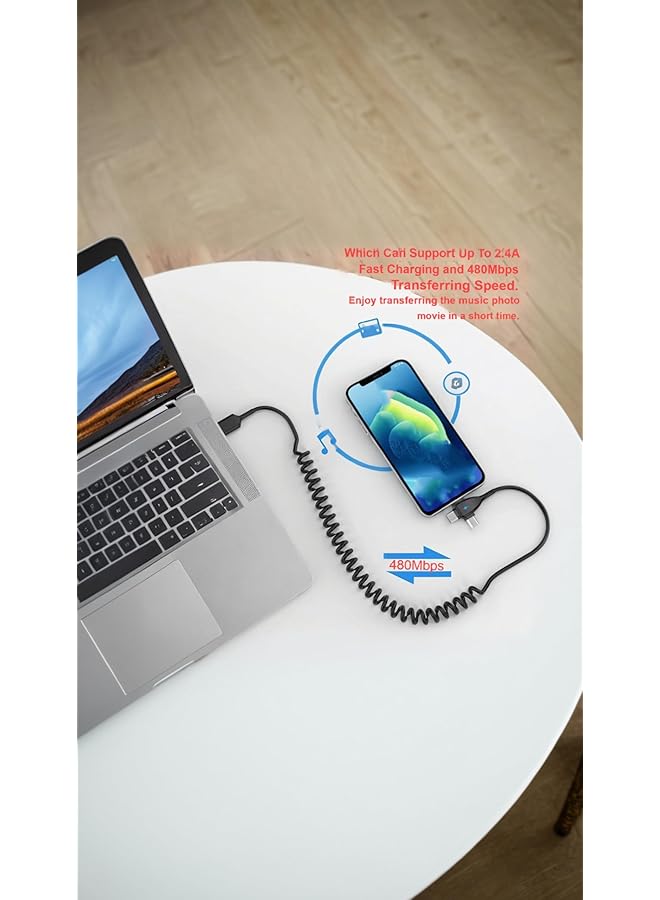 Sweet seven ® Coiled & Usb Car Charger Cable - 3-In-1 Fast Charging Cord Compatible For Android, Tablets, Airpods - Durable Multi-Coil Design Suitable For All Devices - Image 4