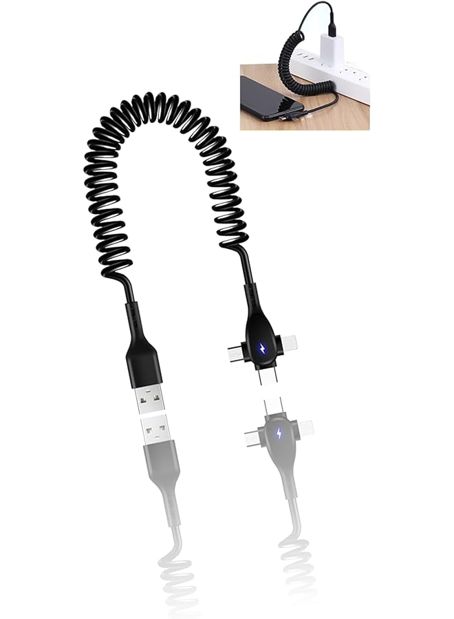 Sweet seven ® Coiled & Usb Car Charger Cable - 3-In-1 Fast Charging Cord Compatible For Android, Tablets, Airpods - Durable Multi-Coil Design Suitable For All Devices - Image 1