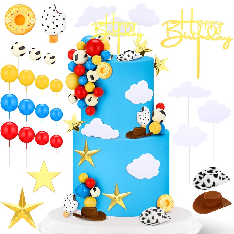 GlikCeil 57 Pcs Cartoon Cake Topper Kit Cow Birthday Party Decorations Red Blue and Yellow Cake Toppers Cow Baby Shower Supplies for Cupcake Party Decorations - Image 1