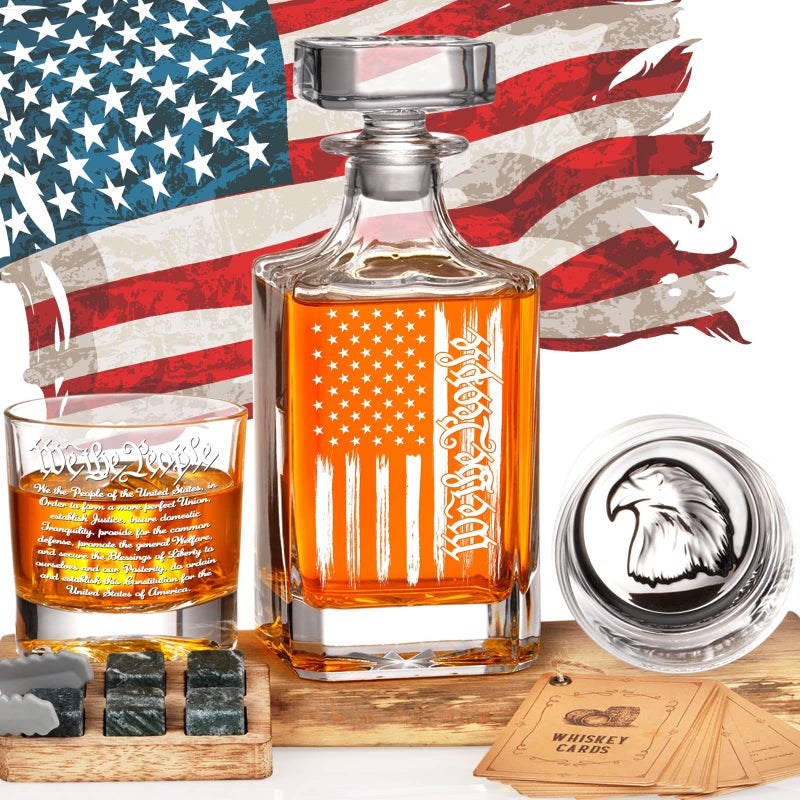 PONPUR 250th Anniversray Whiskey Decanter Engraved We The People American Flag, 750ml Whiskey Decanter Set with 2 Glasses, Boss Day Patriotic Birthday Gifts For Men Dad, Liquor Scotch Bourbon Presents - Image 1