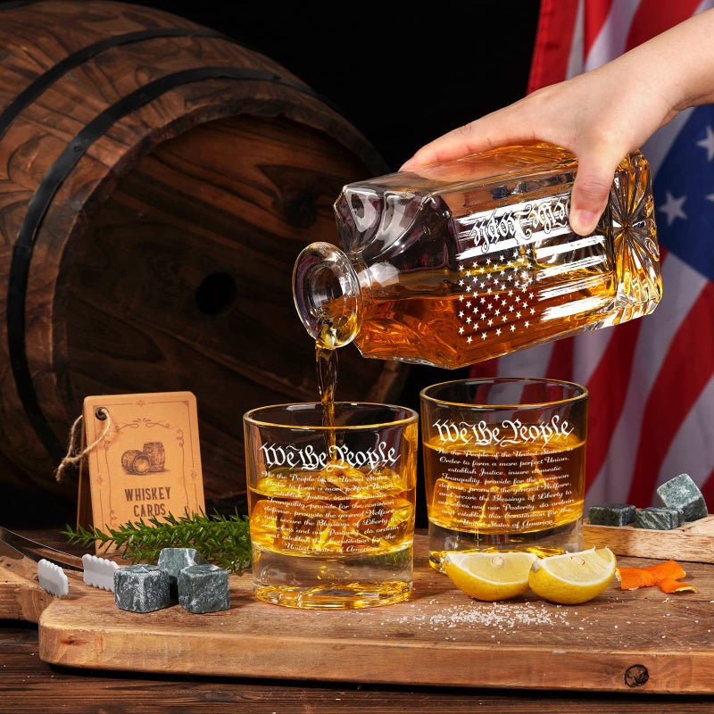 PONPUR 250th Anniversray Whiskey Decanter Engraved We The People American Flag, 750ml Whiskey Decanter Set with 2 Glasses, Boss Day Patriotic Birthday Gifts For Men Dad, Liquor Scotch Bourbon Presents - Image 5